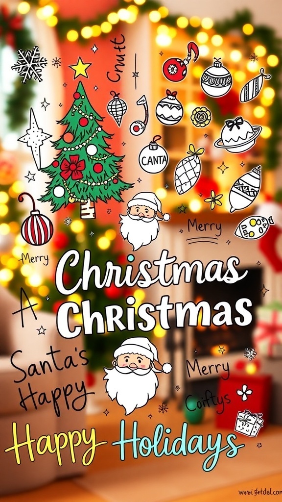 Christmas Doodles and Words for Holiday Cheer A vibrant assortment of Christmas doodles and words, including a tree, snowflakes, and festive phrases.